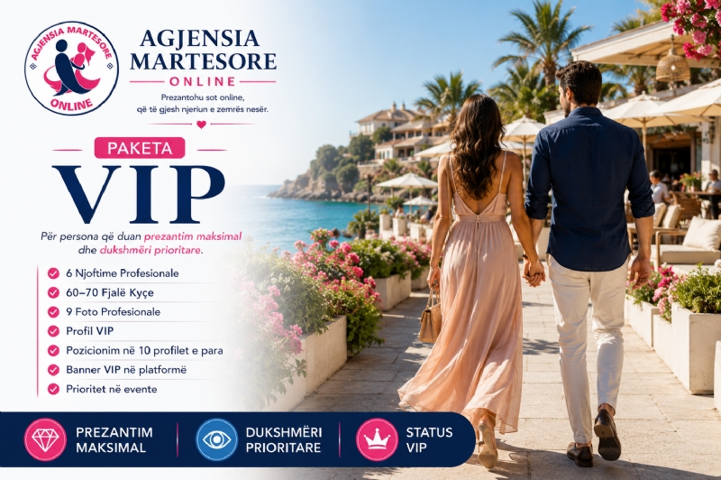 Mos humbni mundësi që mund të ndryshojnë jetën tuaj. Me Paketën VIP të Agjensia Martesore Online përfitoni status VIP dhe dukshmëri maksimale për 12 muaj.