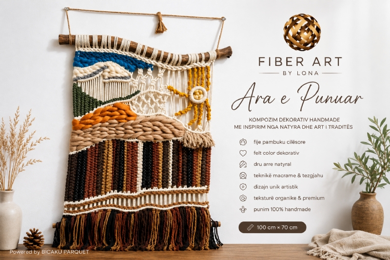 Perde me Teknikë Macrame dhe Tezgjahu, model Ara e Punuar, Kompozimi Dekorativ – Fiber Art by Lona