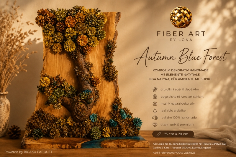 Peme vjeshte me Dru Ulliri model Autumn Blue Forest, Kompozimi Dekorativ, realizuar nga Fiber Art by Lona